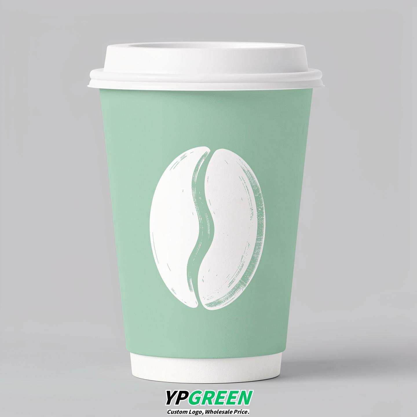 Mint Green Paper Cups with Coffee Bean Logo & Lids 8-24oz