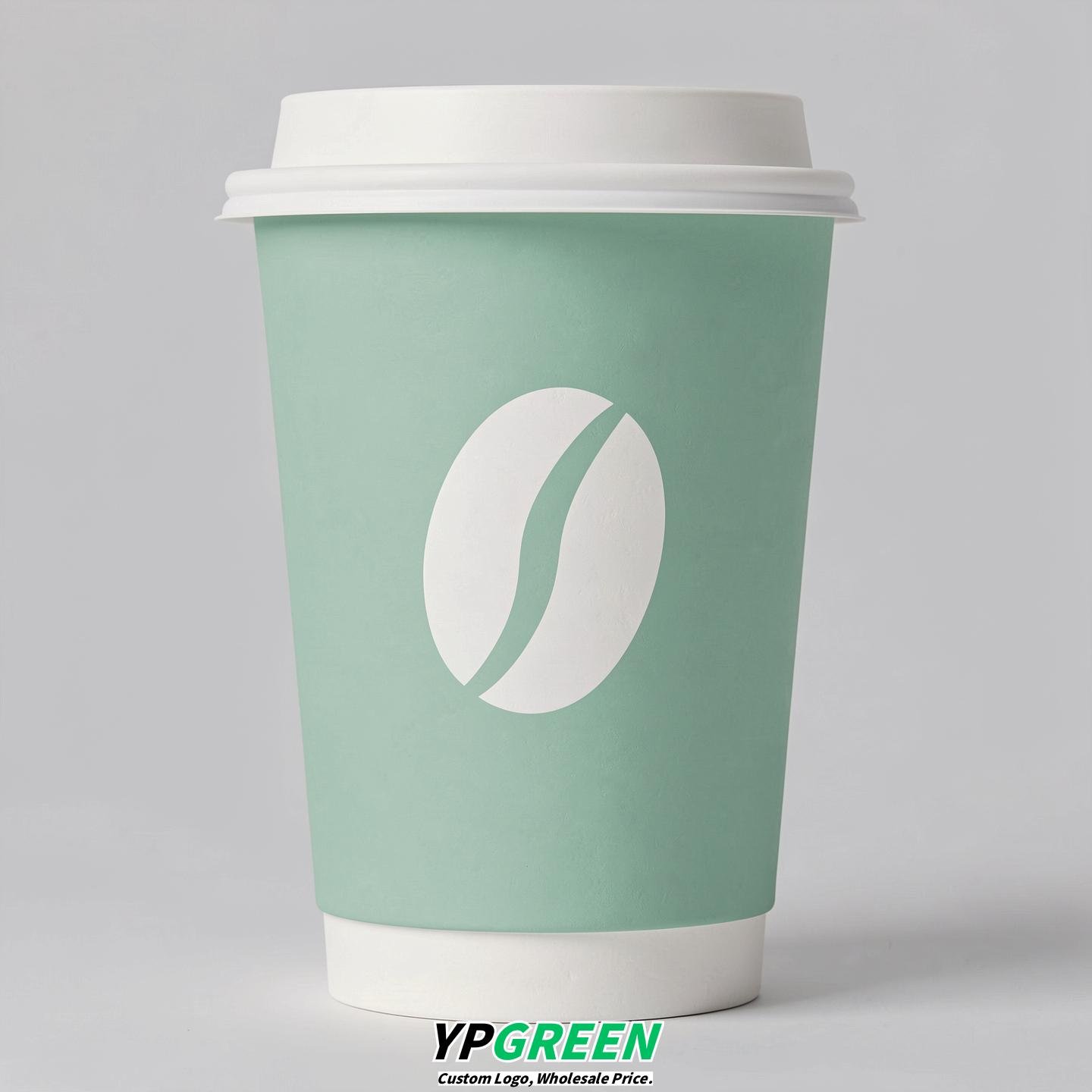 Mint Green Paper Cups with Coffee Bean Logo & Lids 8-24oz