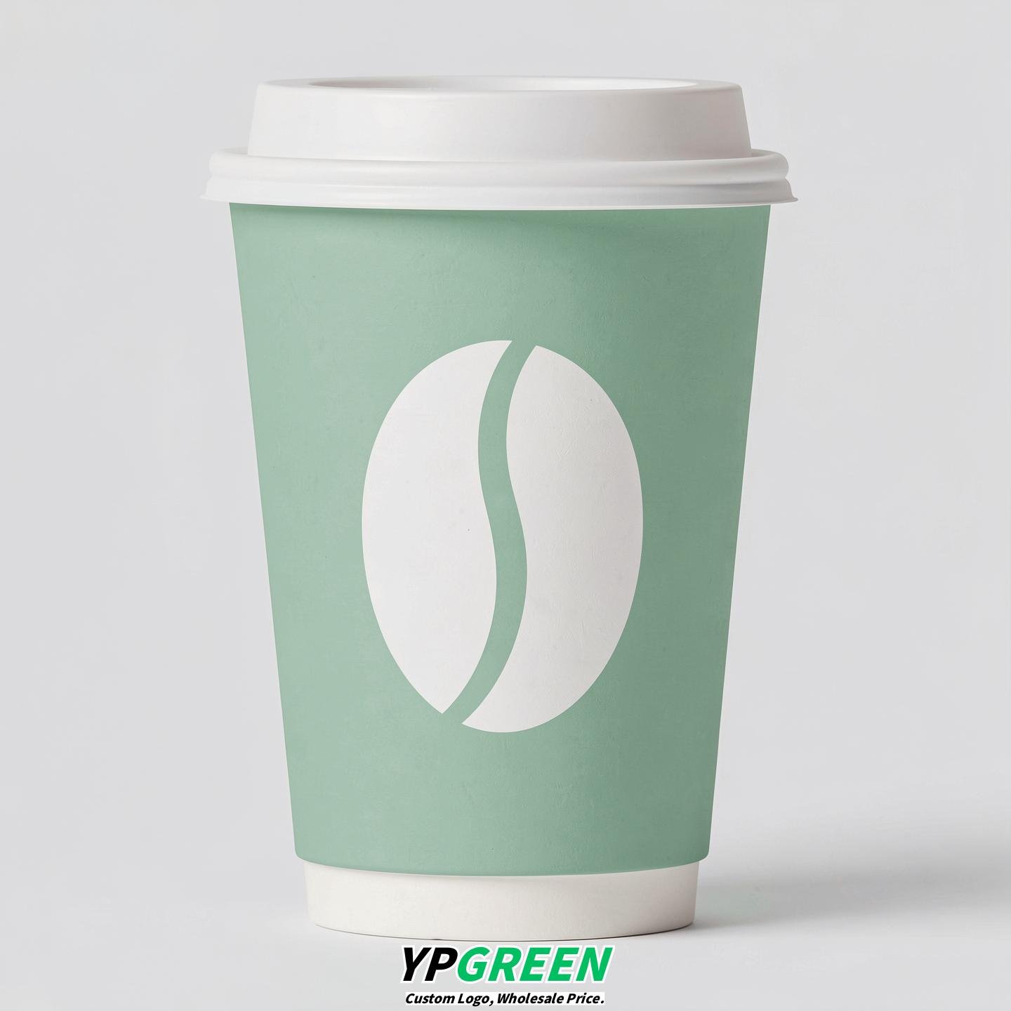 Mint Green Paper Cups with Coffee Bean Logo & Lids 8-24oz
