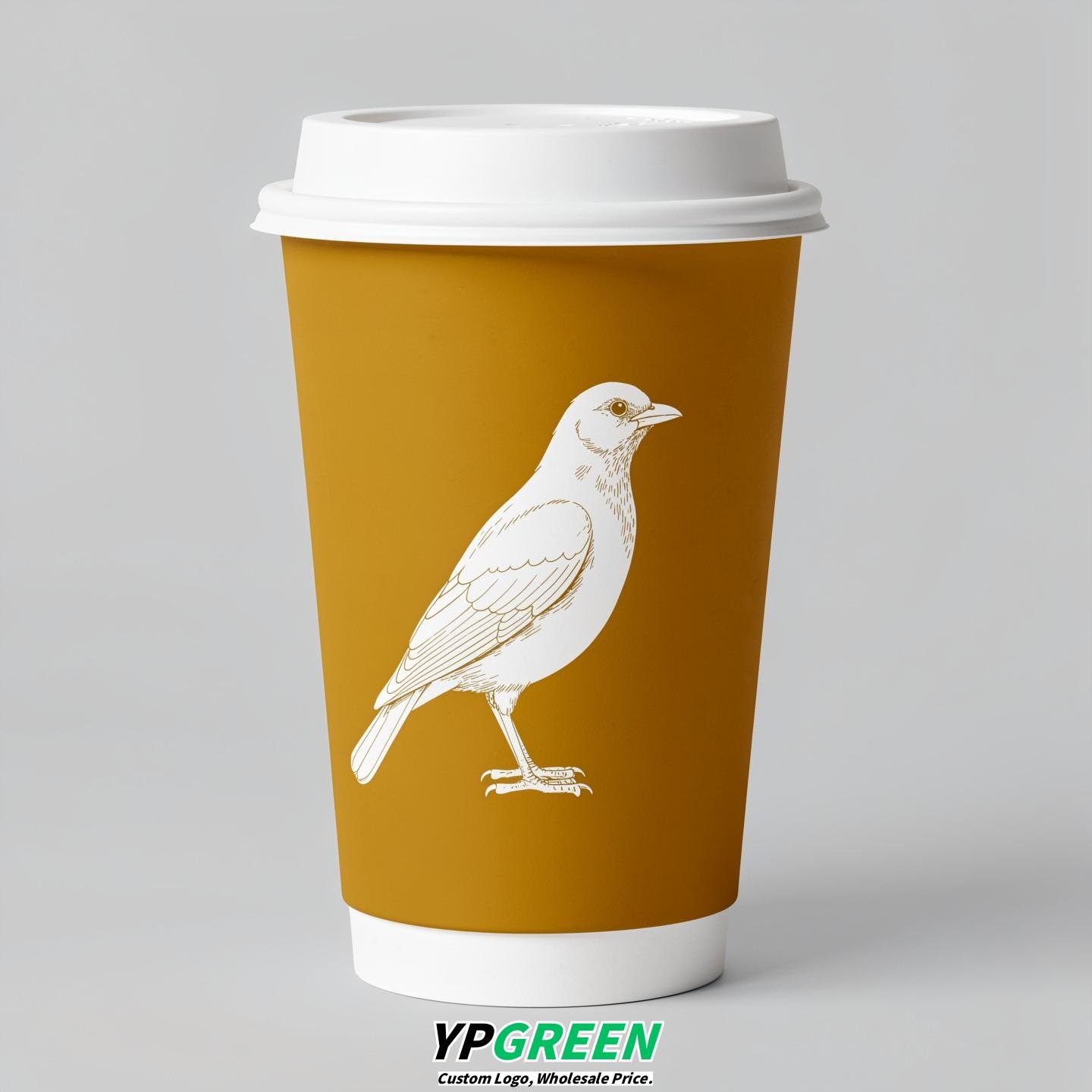 Mustard Paper Cups with Bird Logo & Lids 8-24oz