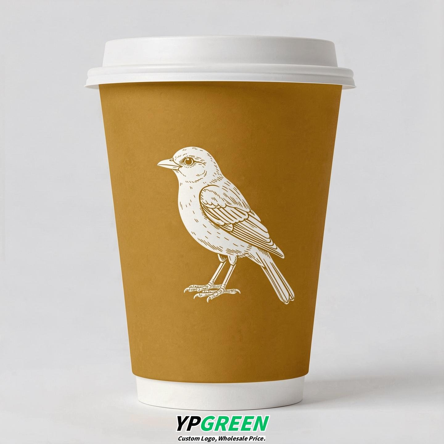 Mustard Paper Cups with Bird Logo & Lids 8-24oz