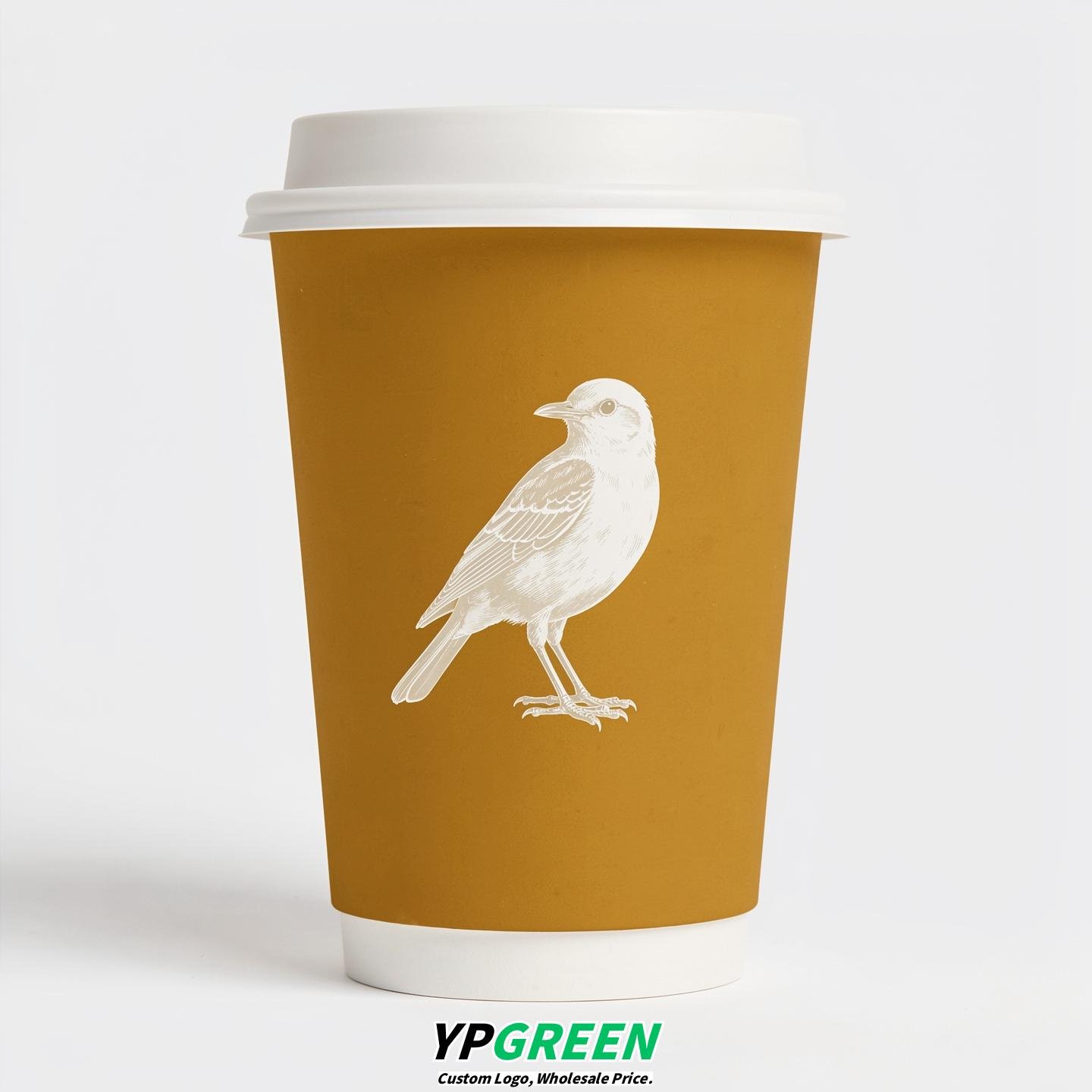 Mustard Paper Cups with Bird Logo & Lids 8-24oz