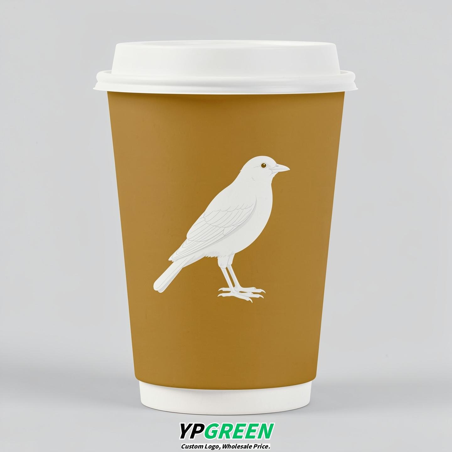 Mustard Paper Cups with Bird Logo & Lids 8-24oz