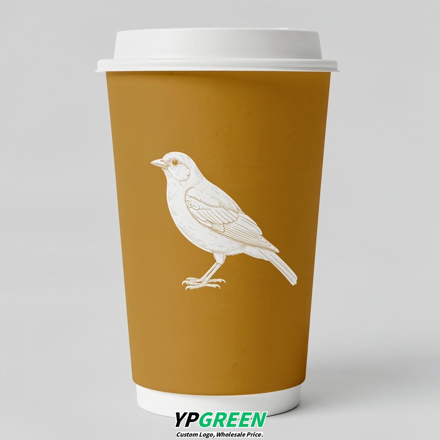 Mustard Paper Cups with Bird Logo & Lids 8-24oz