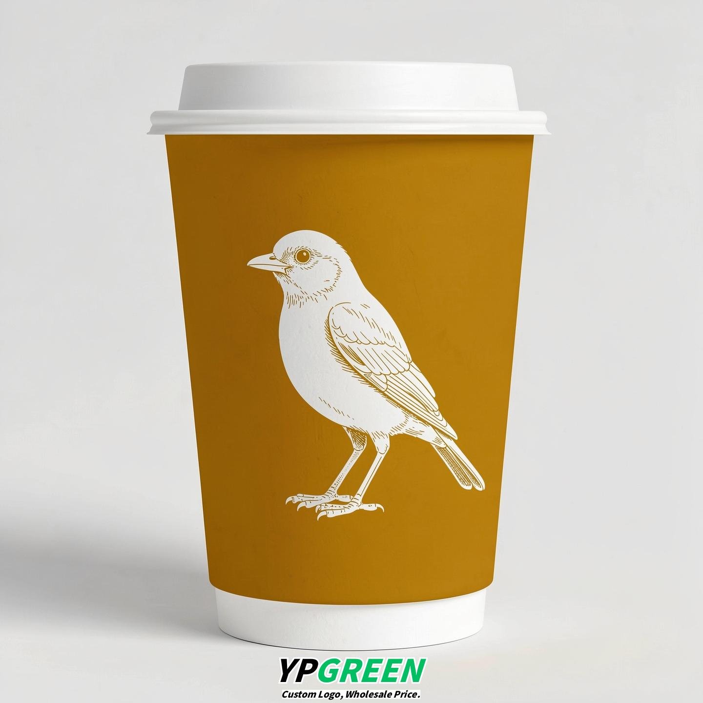 Mustard Paper Cups with Bird Logo & Lids 8-24oz
