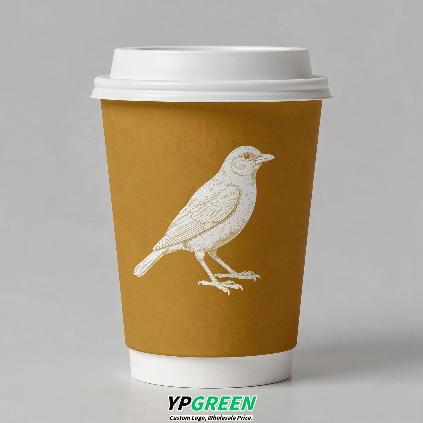 Mustard Paper Cups with Bird Logo & Lids 8-24oz
