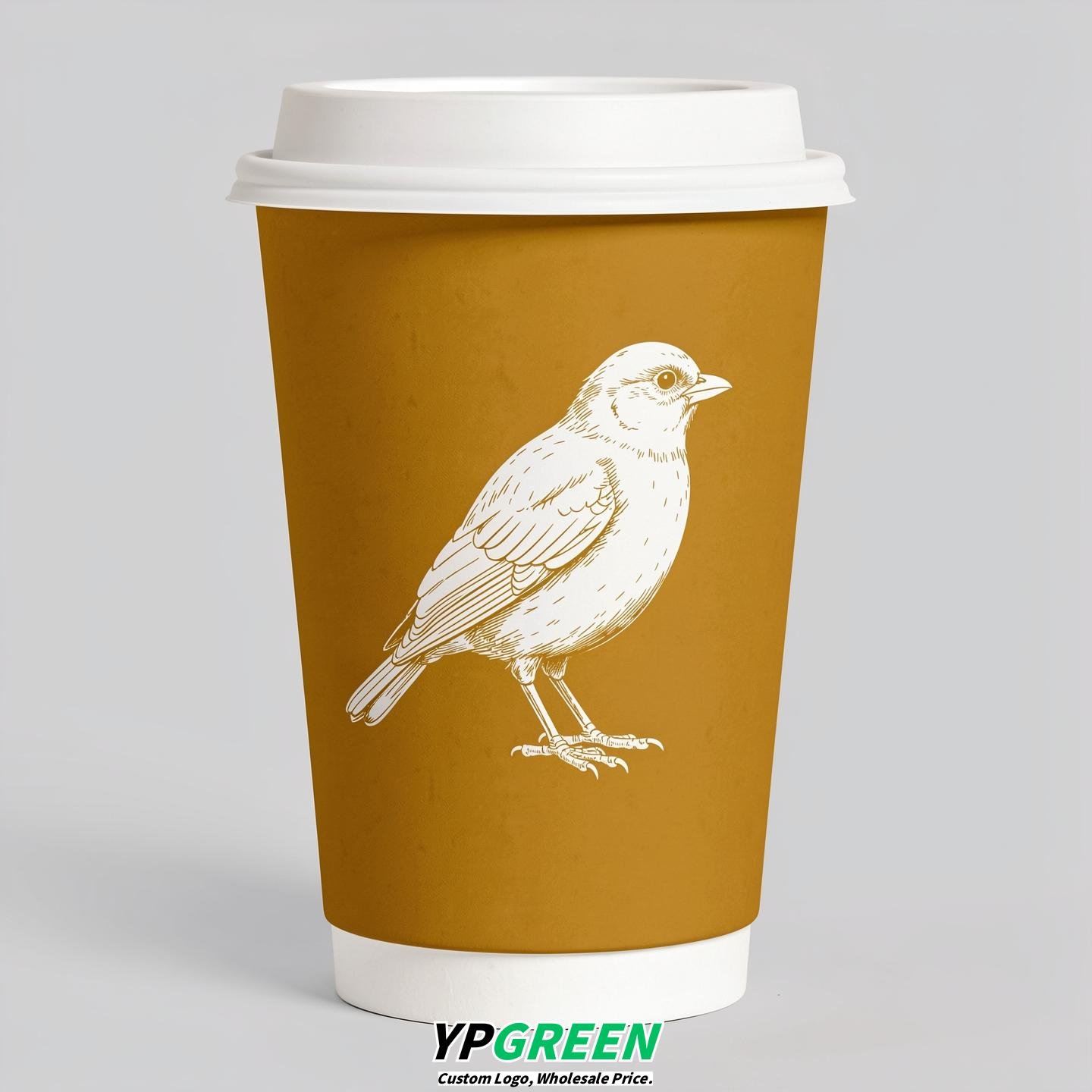 Mustard Paper Cups with Bird Logo & Lids 8-24oz