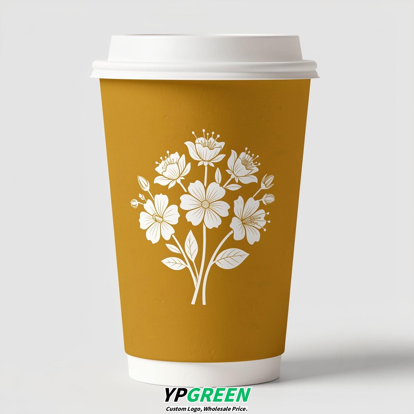 Mustard Floral Paper Cups with Lids 8-24oz