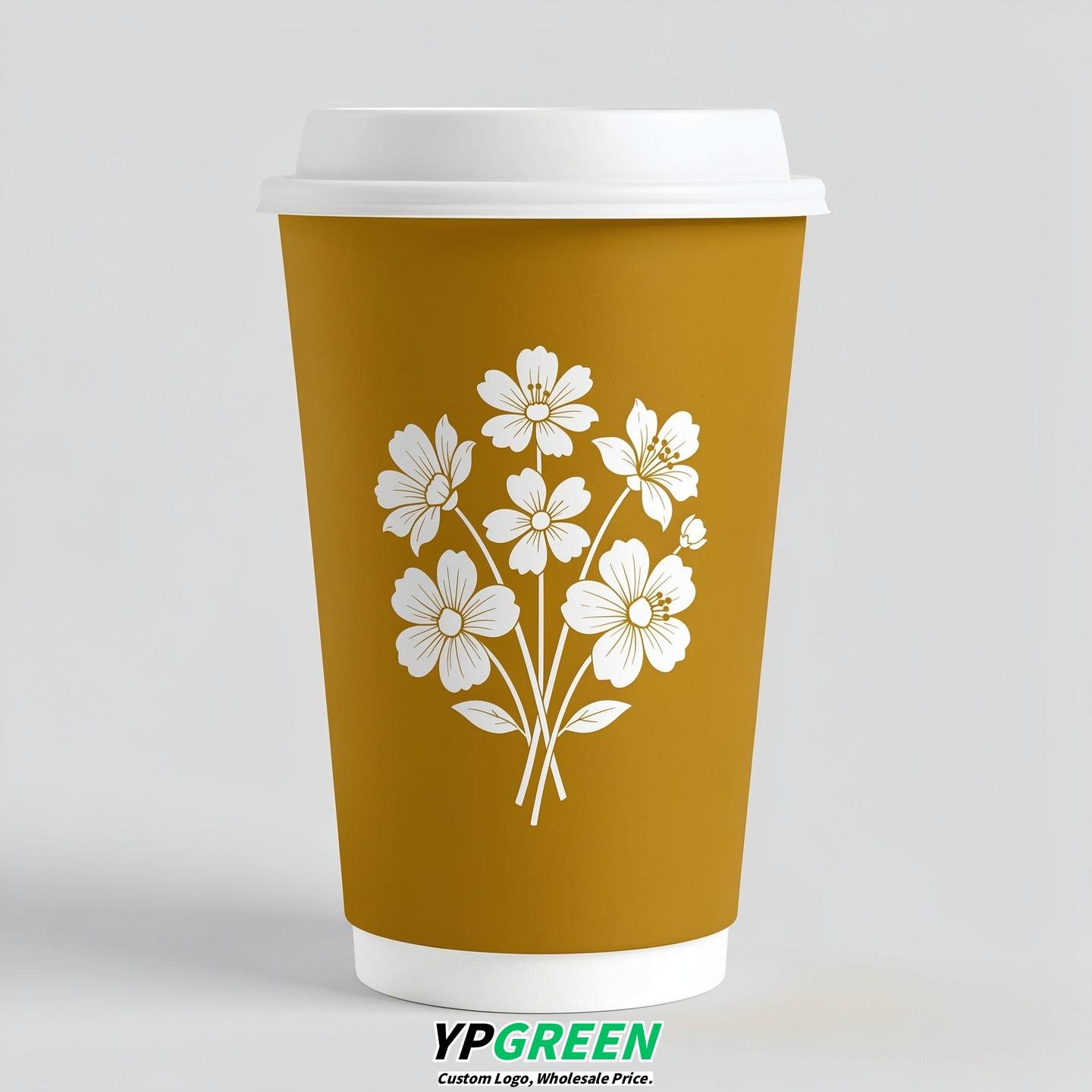 Mustard Floral Paper Cups with Lids 8-24oz