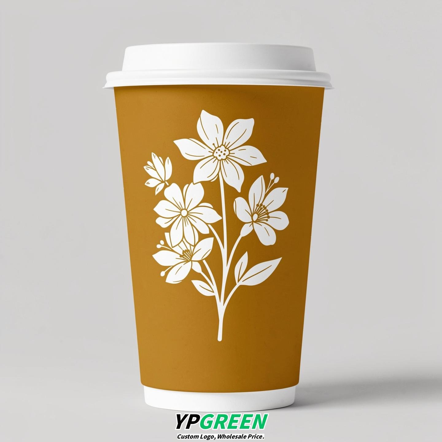 Mustard Floral Paper Cups with Lids 8-24oz