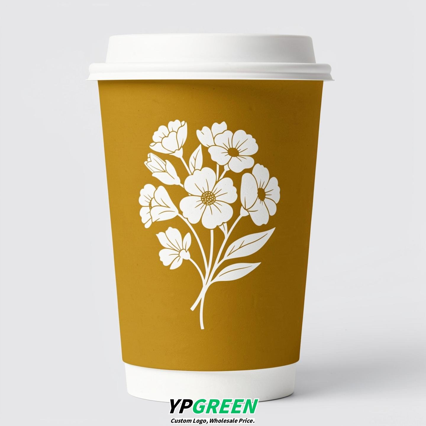 Mustard Floral Paper Cups with Lids 8-24oz