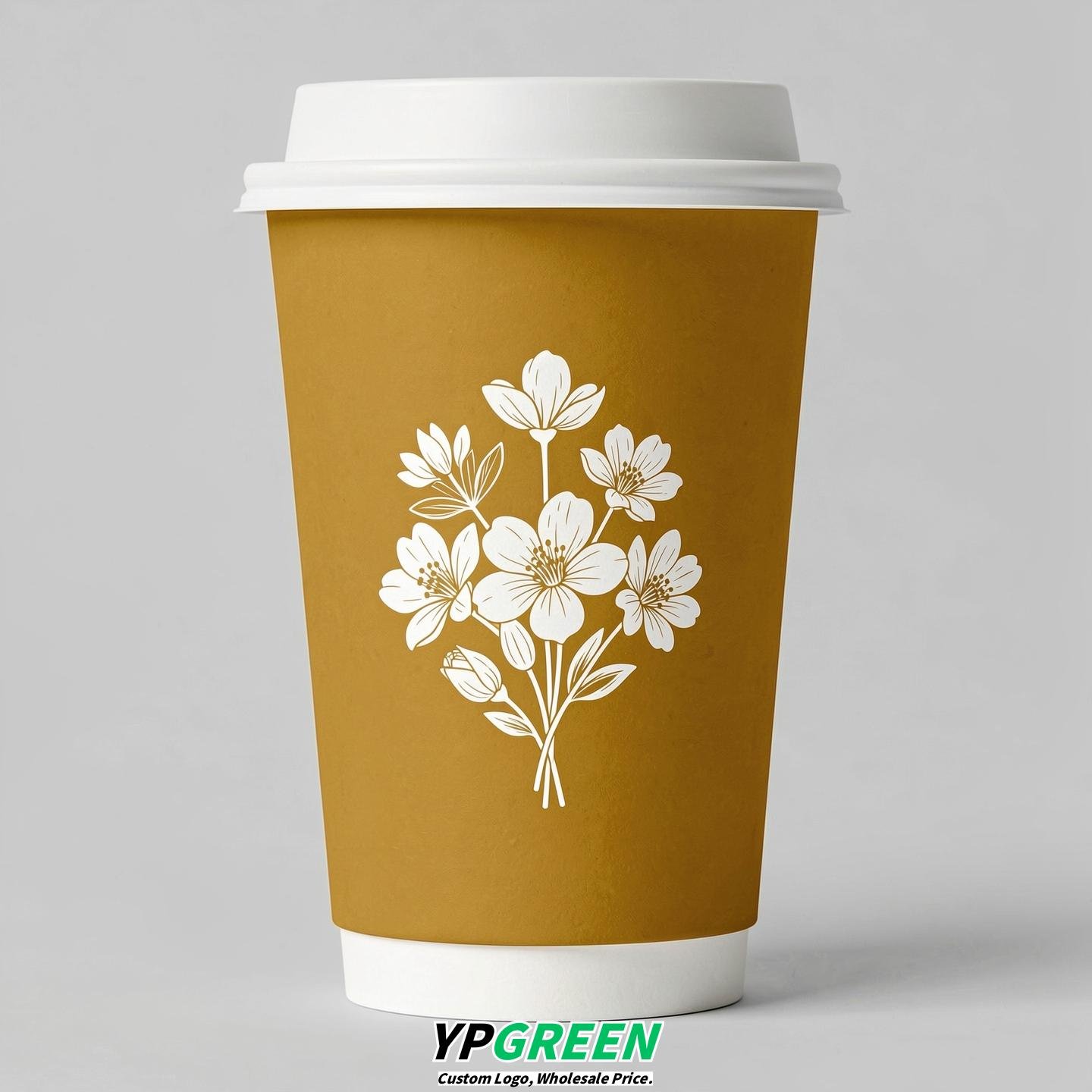 Mustard Floral Paper Cups with Lids 8-24oz