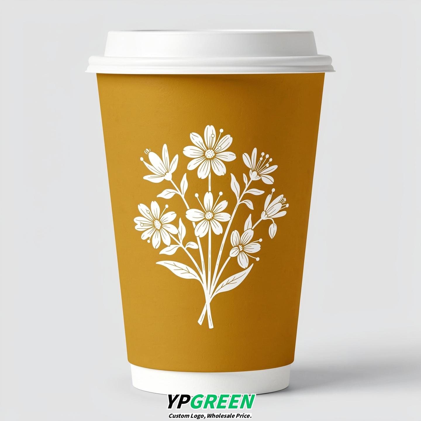 Mustard Floral Paper Cups with Lids 8-24oz