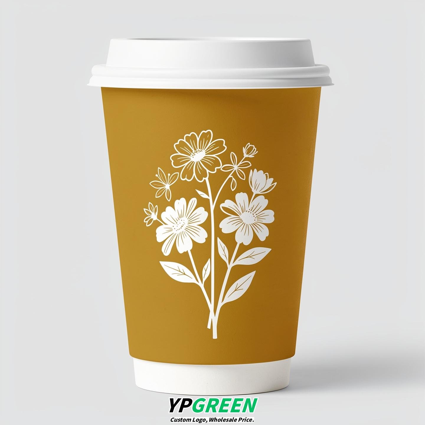Mustard Floral Paper Cups with Lids 8-24oz