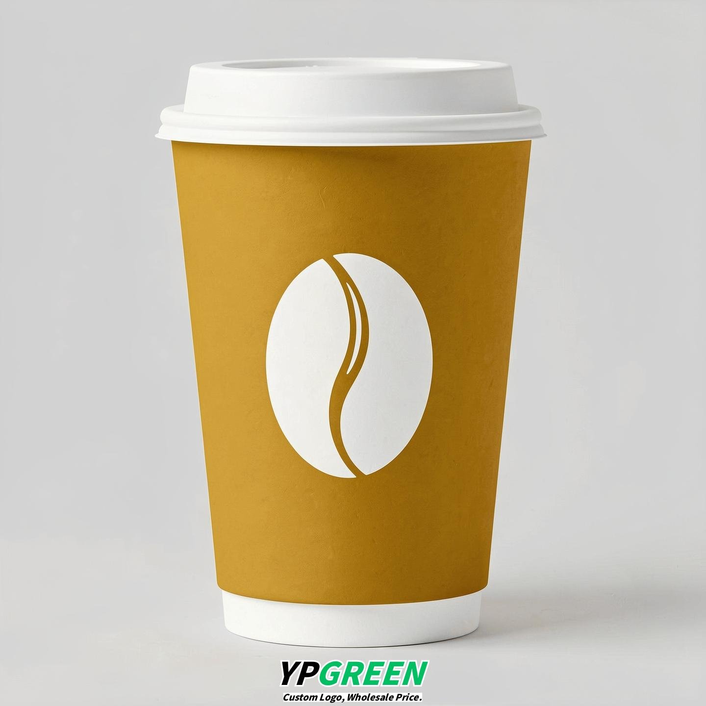 Mustard Paper Cups with Coffee Bean Logo & Lids 8-24oz