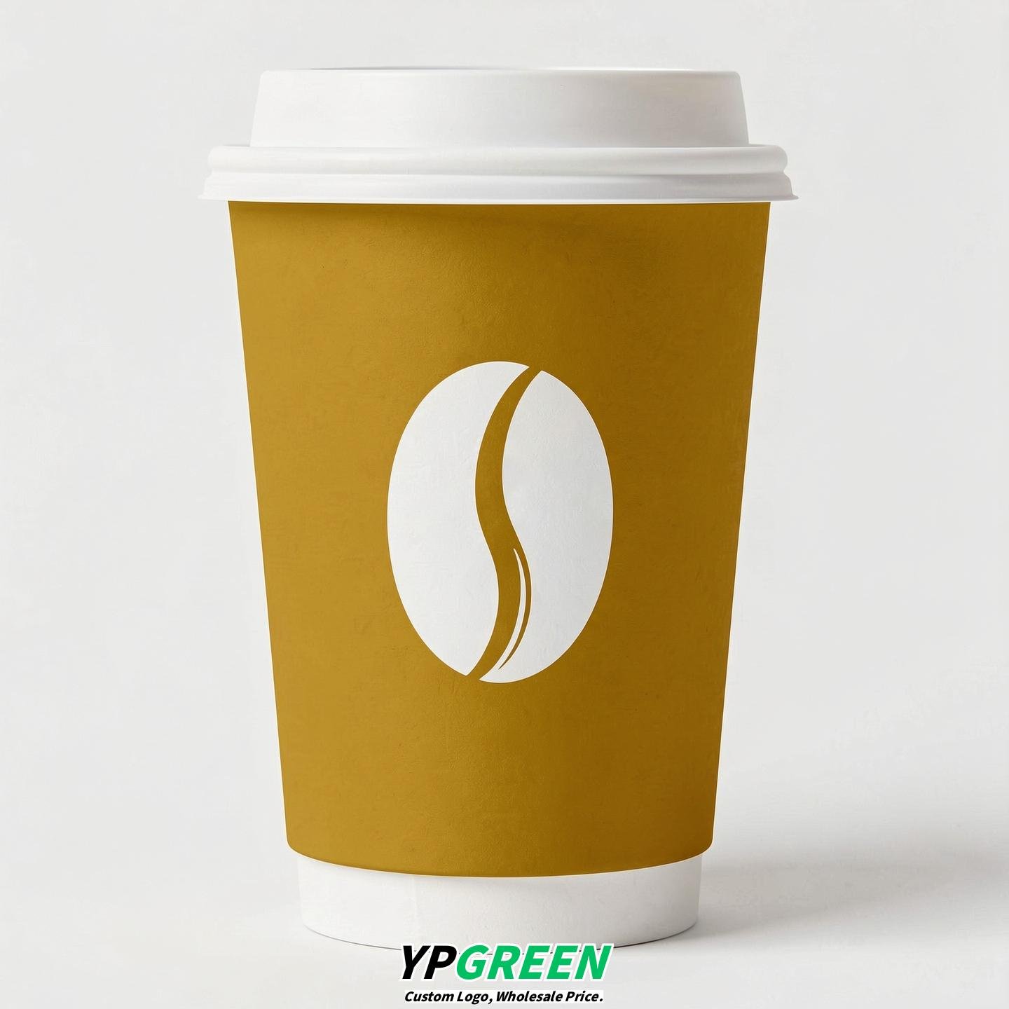 Mustard Paper Cups with Coffee Bean Logo & Lids 8-24oz