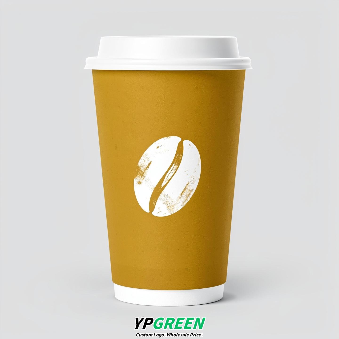 Mustard Paper Cups with Coffee Bean Logo & Lids 8-24oz