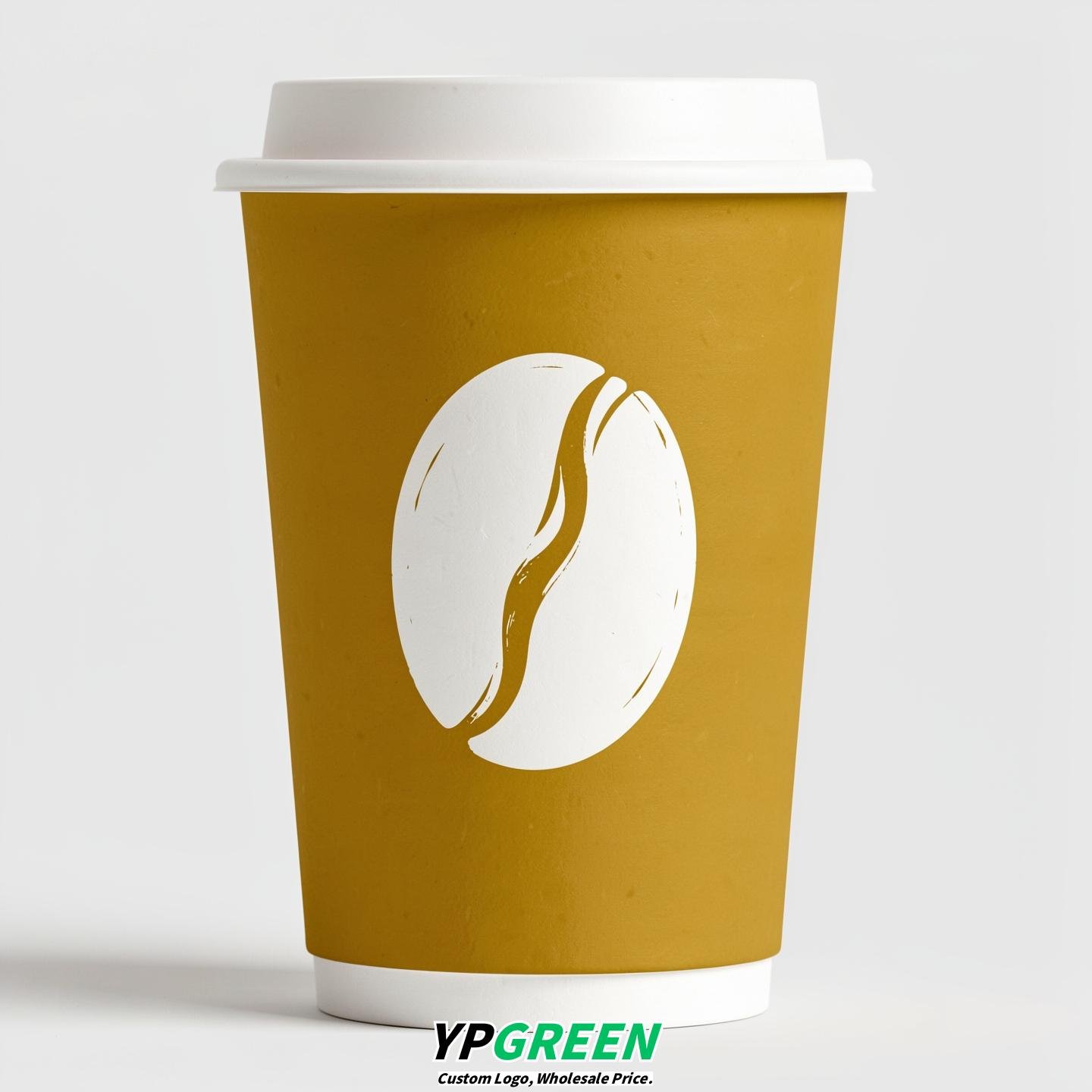 Mustard Paper Cups with Coffee Bean Logo & Lids 8-24oz