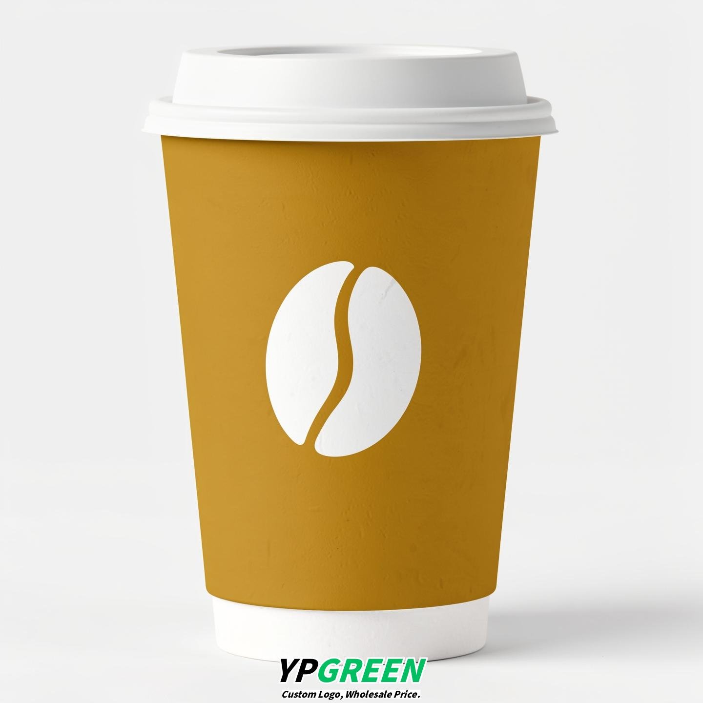 Mustard Paper Cups with Coffee Bean Logo & Lids 8-24oz