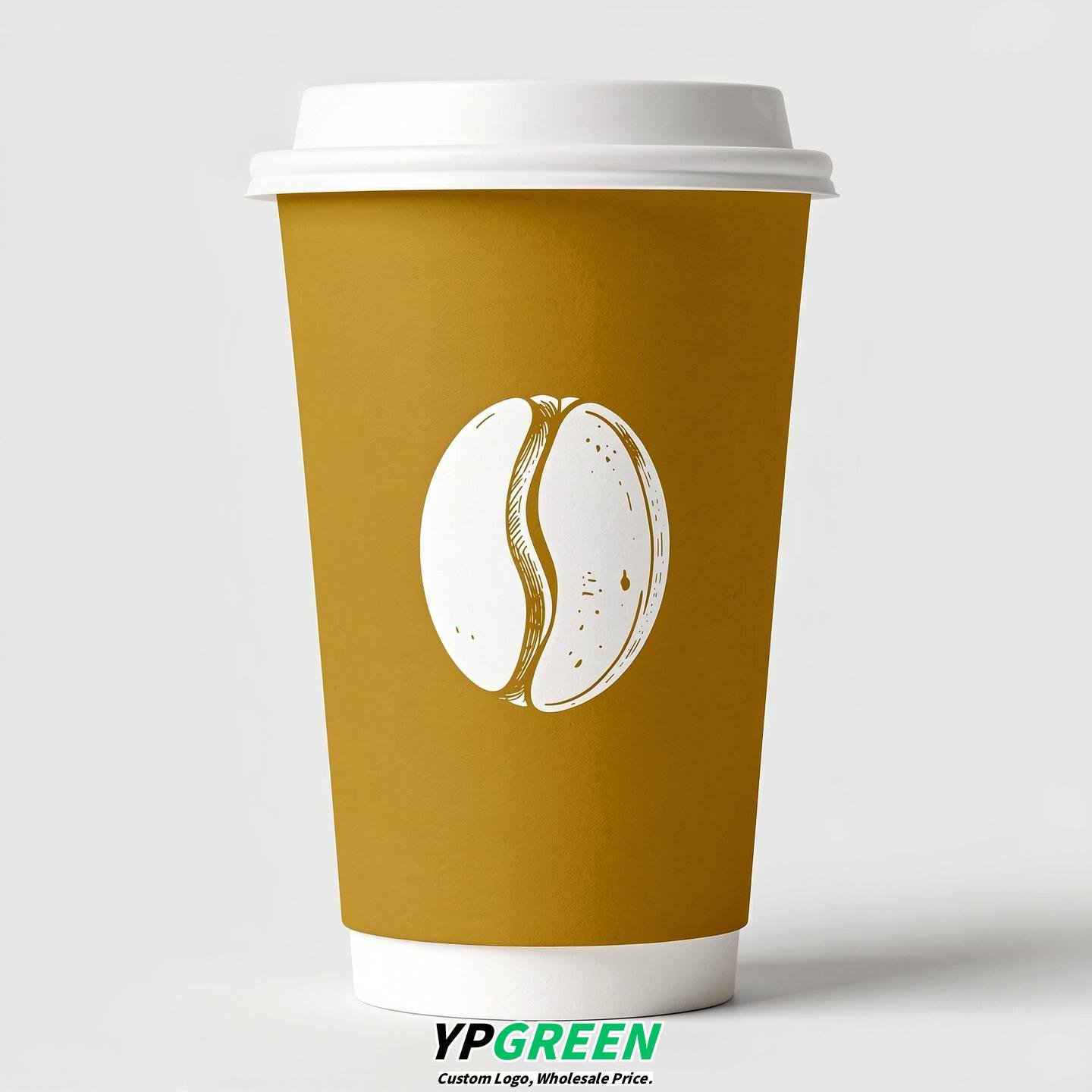 Mustard Paper Cups with Coffee Bean Logo & Lids 8-24oz