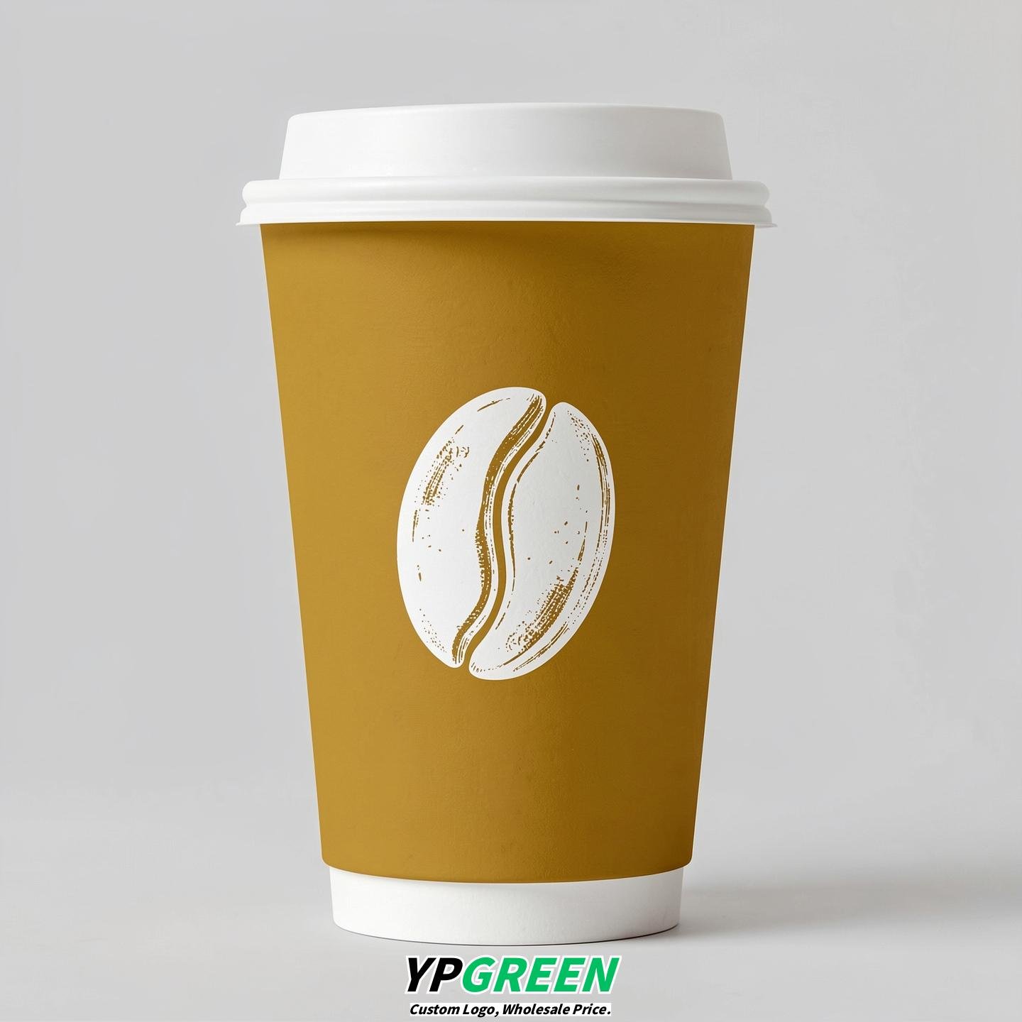 Mustard Paper Cups with Coffee Bean Logo & Lids 8-24oz
