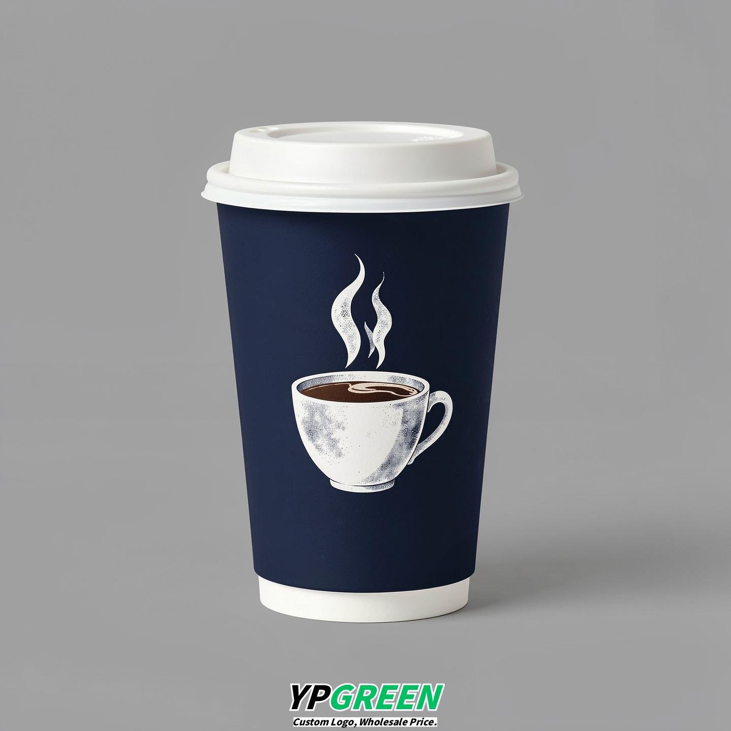 Navy Blue Hot Coffee Icon Paper Cups - Disposable Steaming Coffee Design