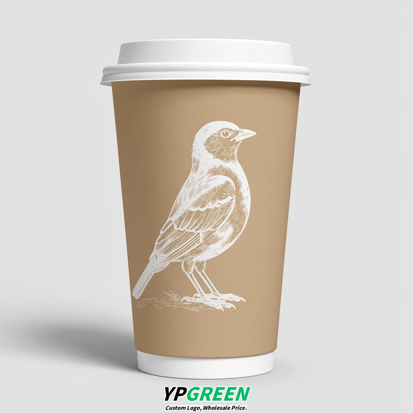Oatmeal Paper Cups with Bird Logo & Lids 8-24oz
