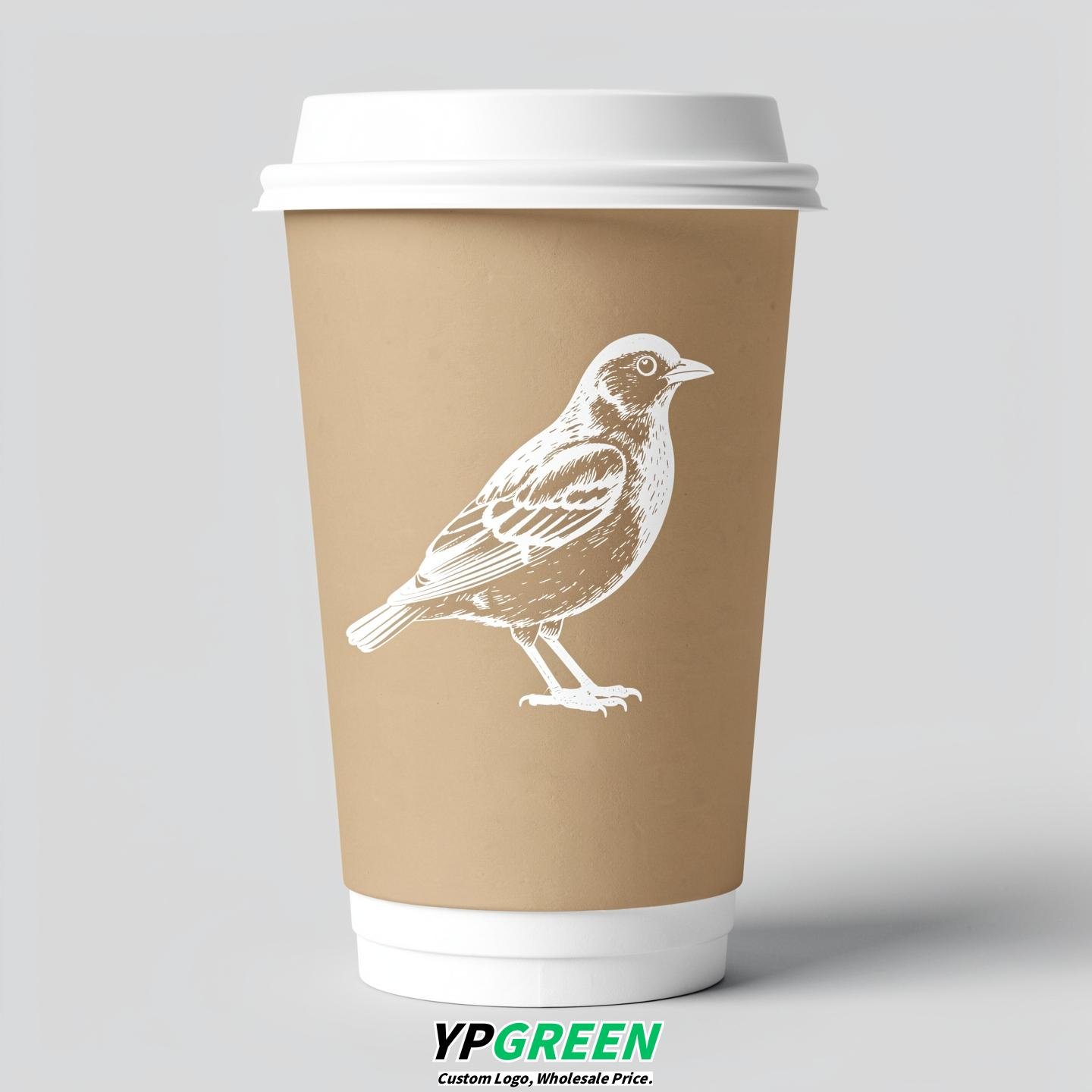 Oatmeal Paper Cups with Bird Logo & Lids 8-24oz