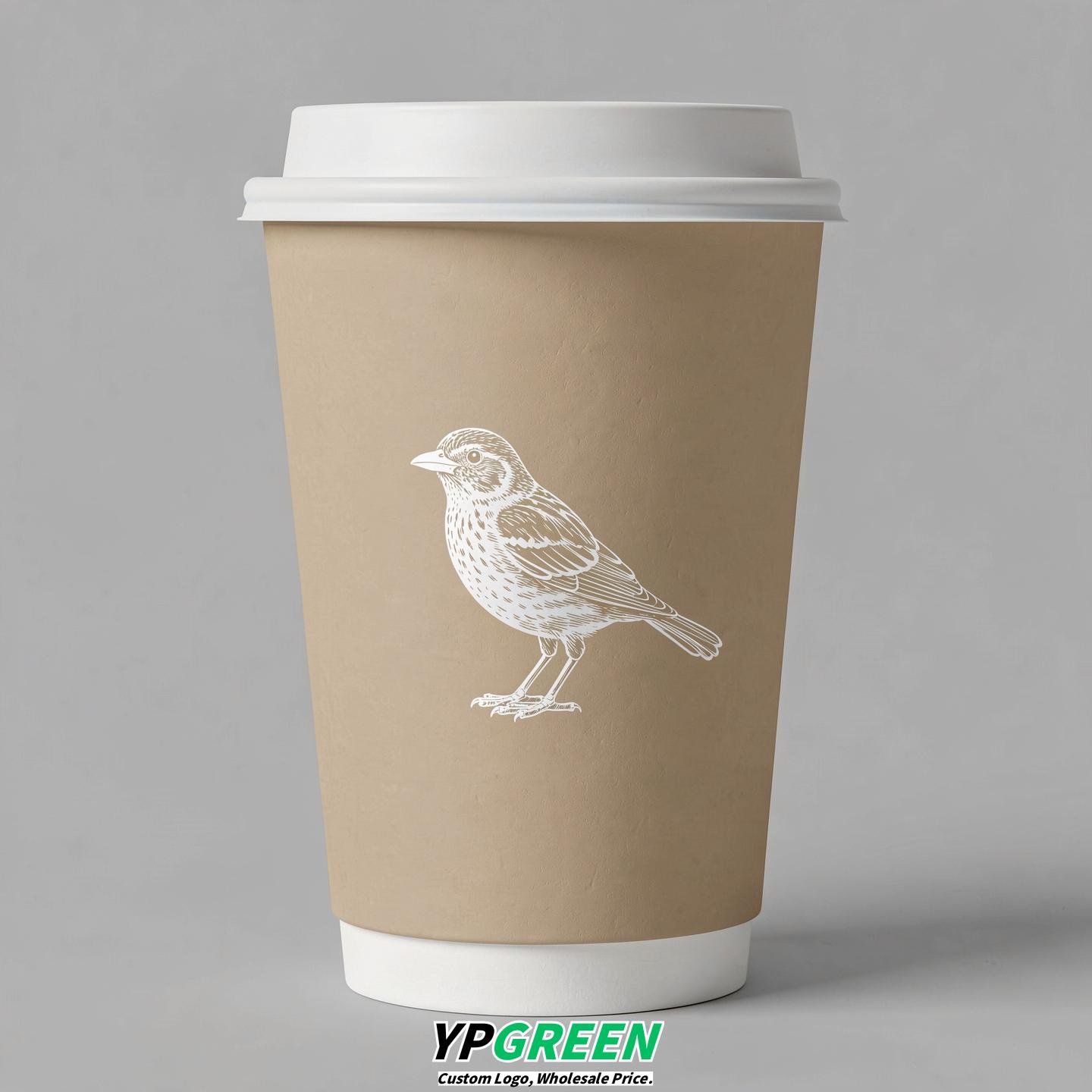 Oatmeal Paper Cups with Bird Logo & Lids 8-24oz