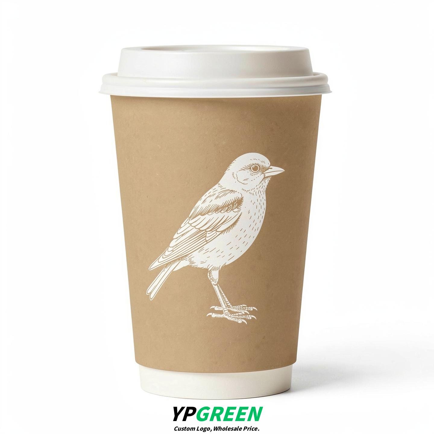 Oatmeal Paper Cups with Bird Logo & Lids 8-24oz
