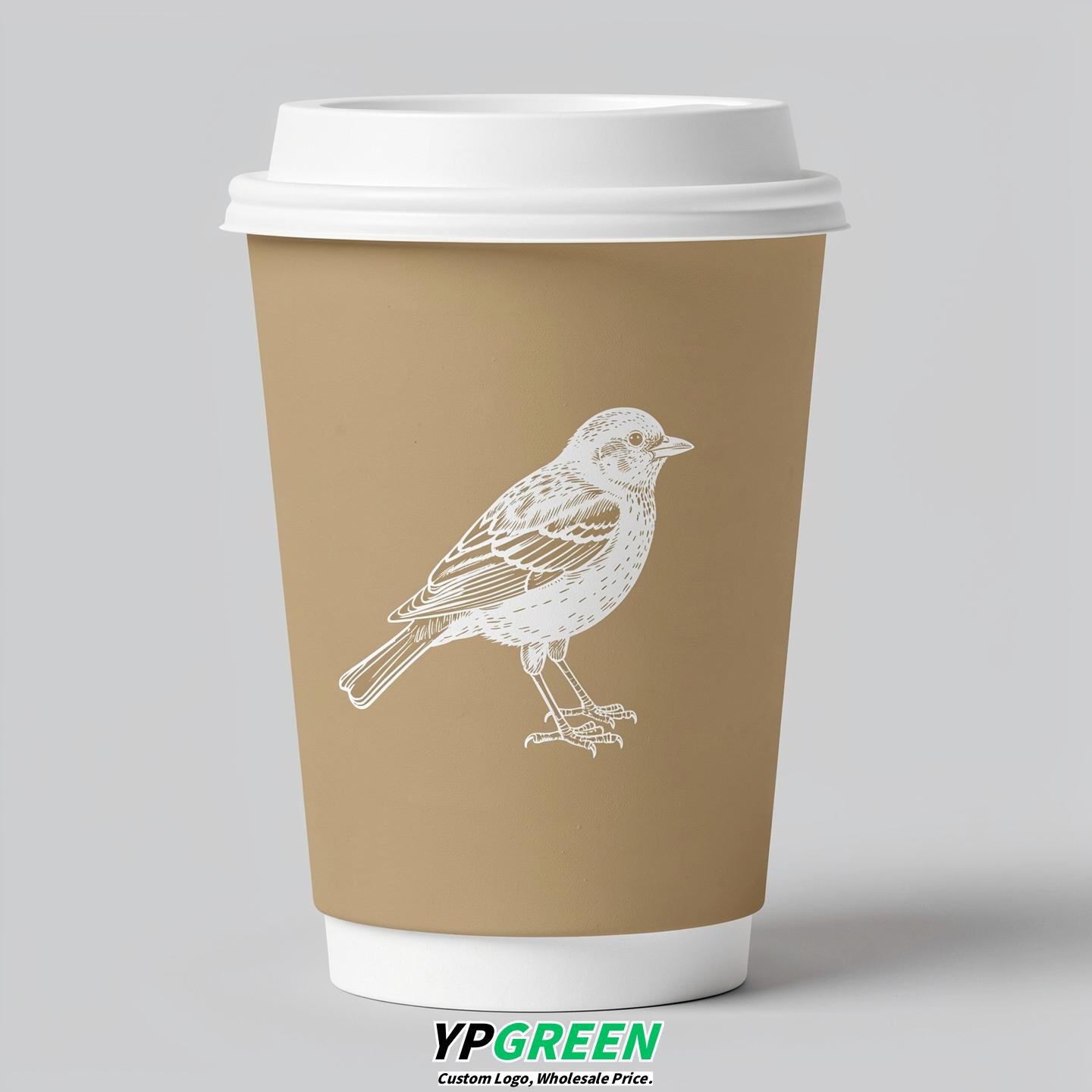 Oatmeal Paper Cups with Bird Logo & Lids 8-24oz