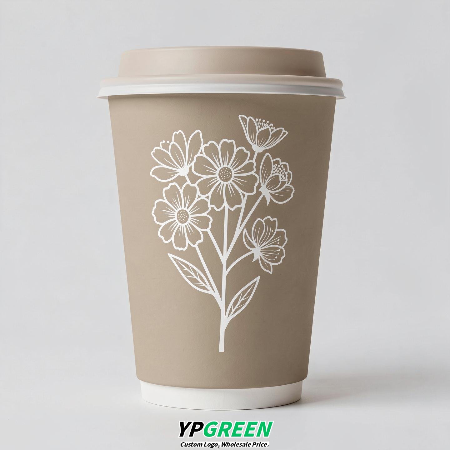 Oatmeal Floral Paper Cups with Lids 8-24oz