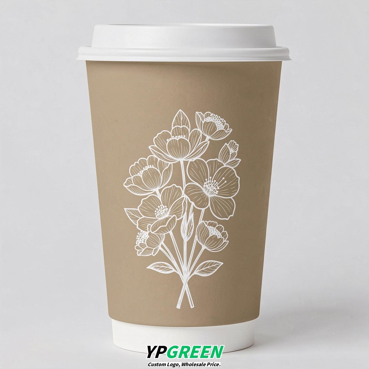 Oatmeal Floral Paper Cups with Lids 8-24oz