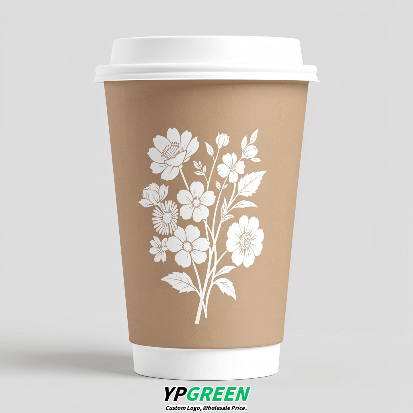 Oatmeal Floral Paper Cups with Lids 8-24oz