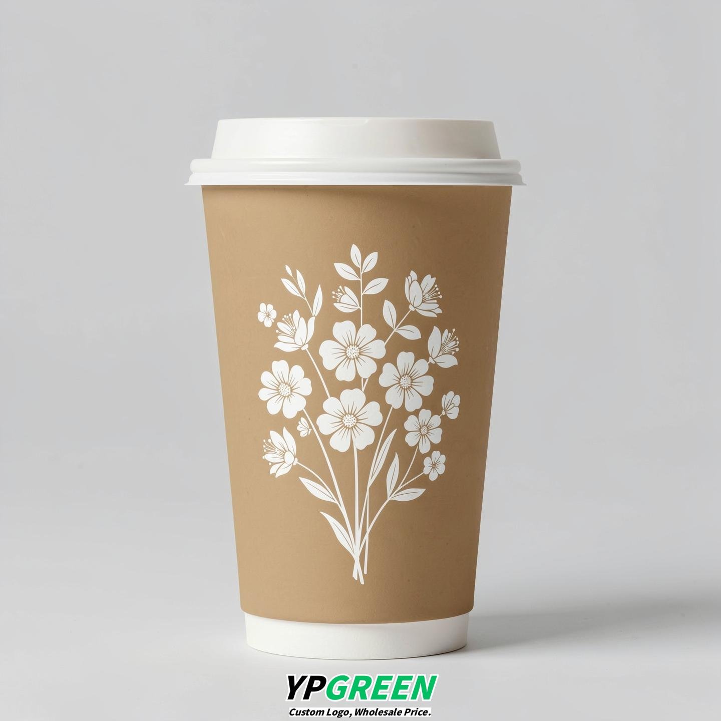 Oatmeal Floral Paper Cups with Lids 8-24oz
