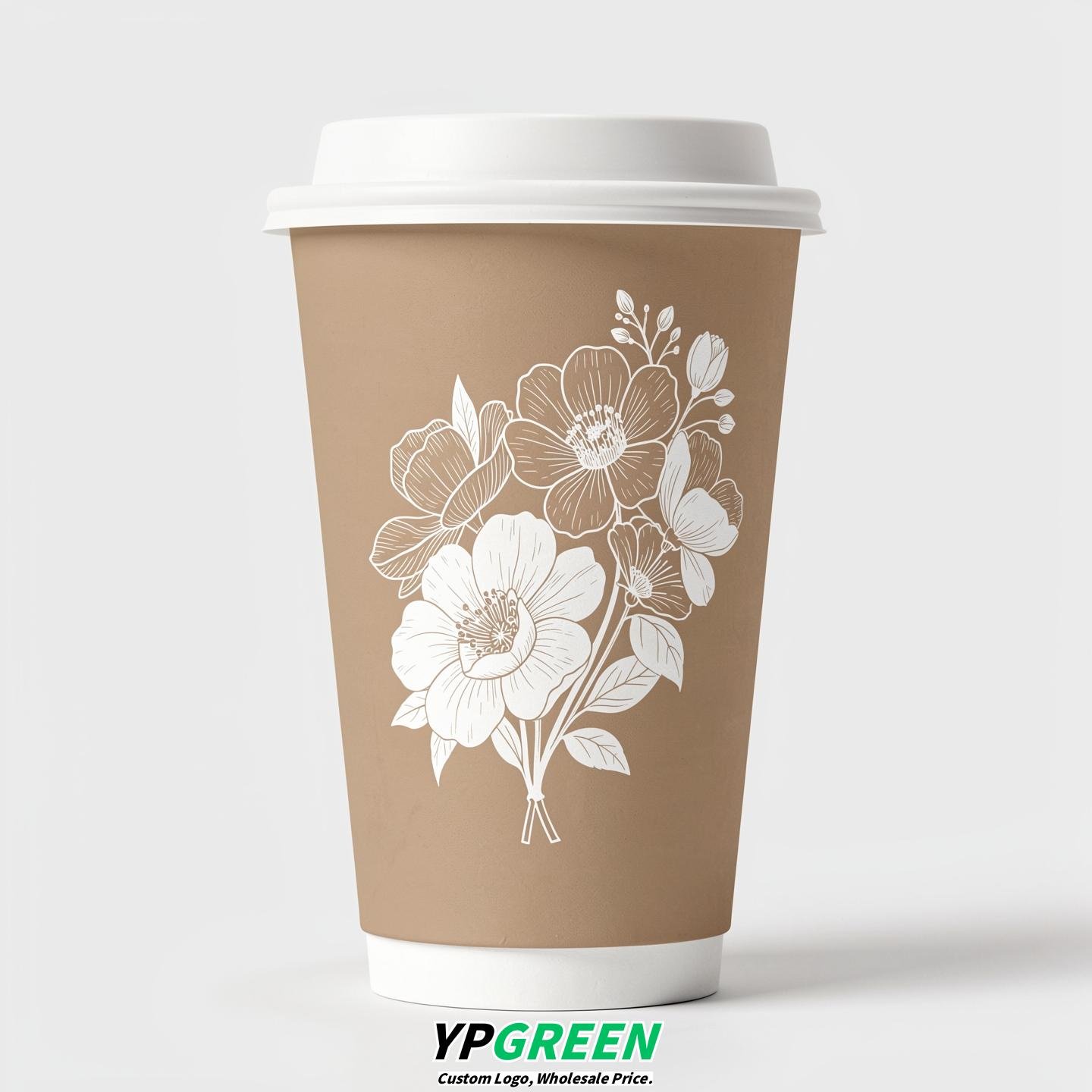Oatmeal Floral Paper Cups with Lids 8-24oz