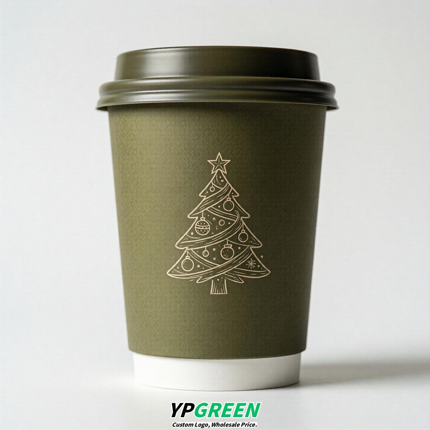 Olive Paper Cups with Christmas Design 8-24oz
