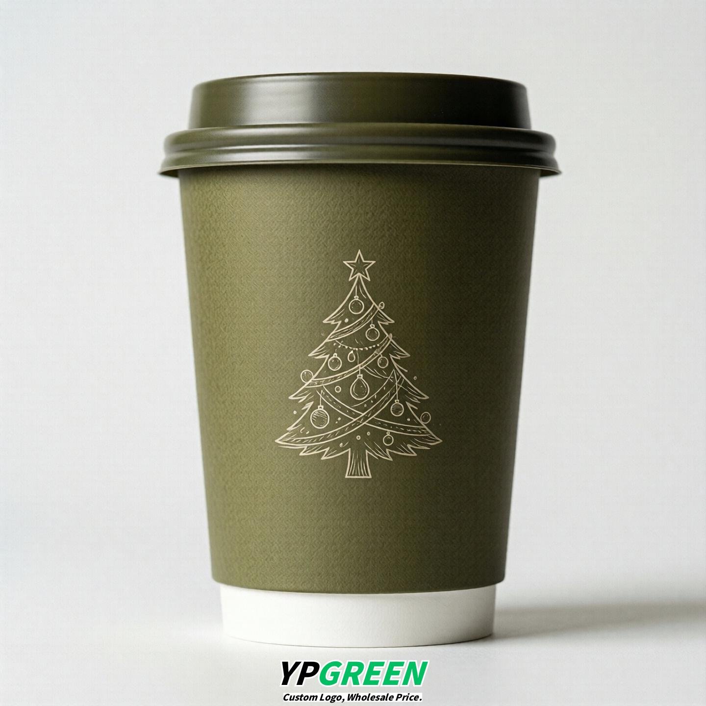 Olive Paper Cups with Christmas Design 8-24oz