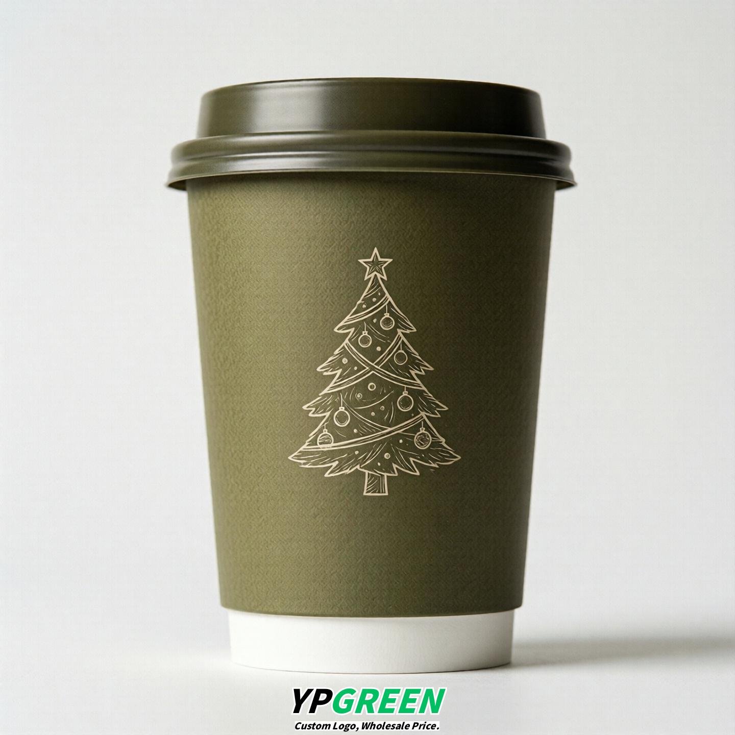 Olive Paper Cups with Christmas Design 8-24oz