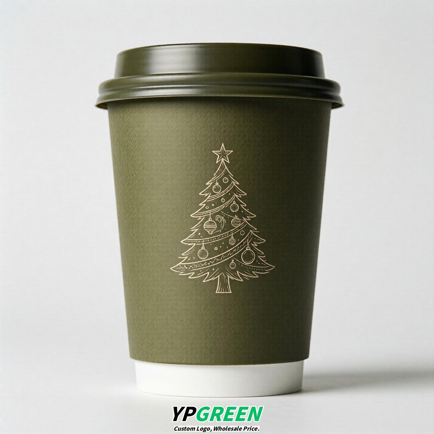 Olive Paper Cups with Christmas Design 8-24oz
