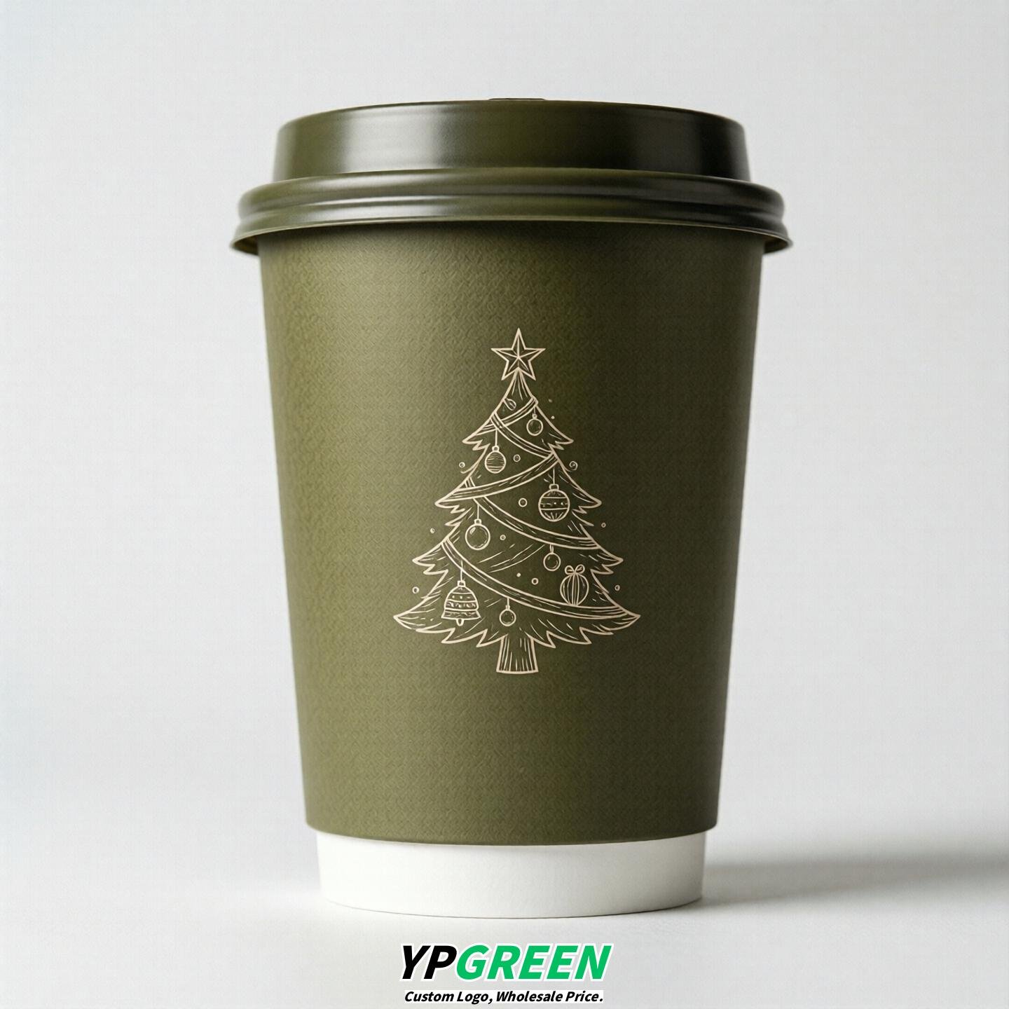 Olive Paper Cups with Christmas Design 8-24oz