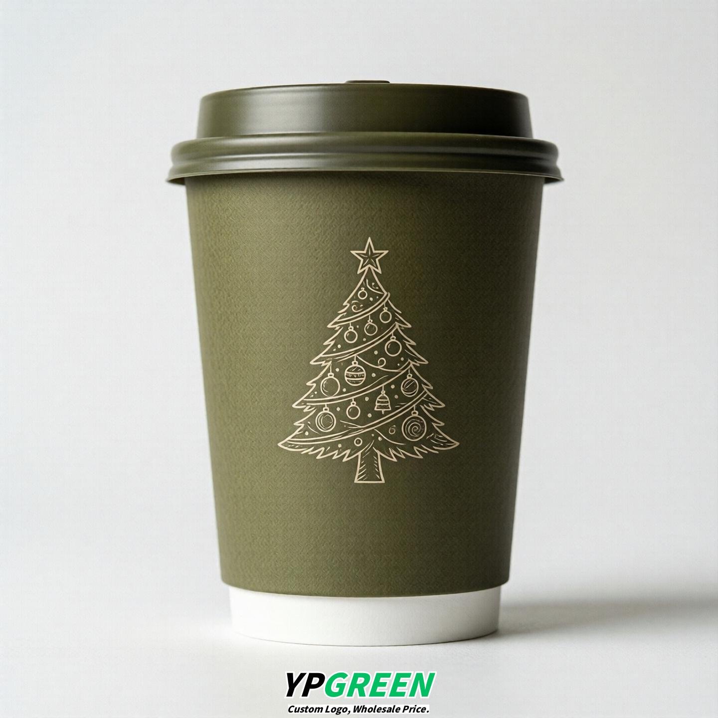 Olive Paper Cups with Christmas Design 8-24oz