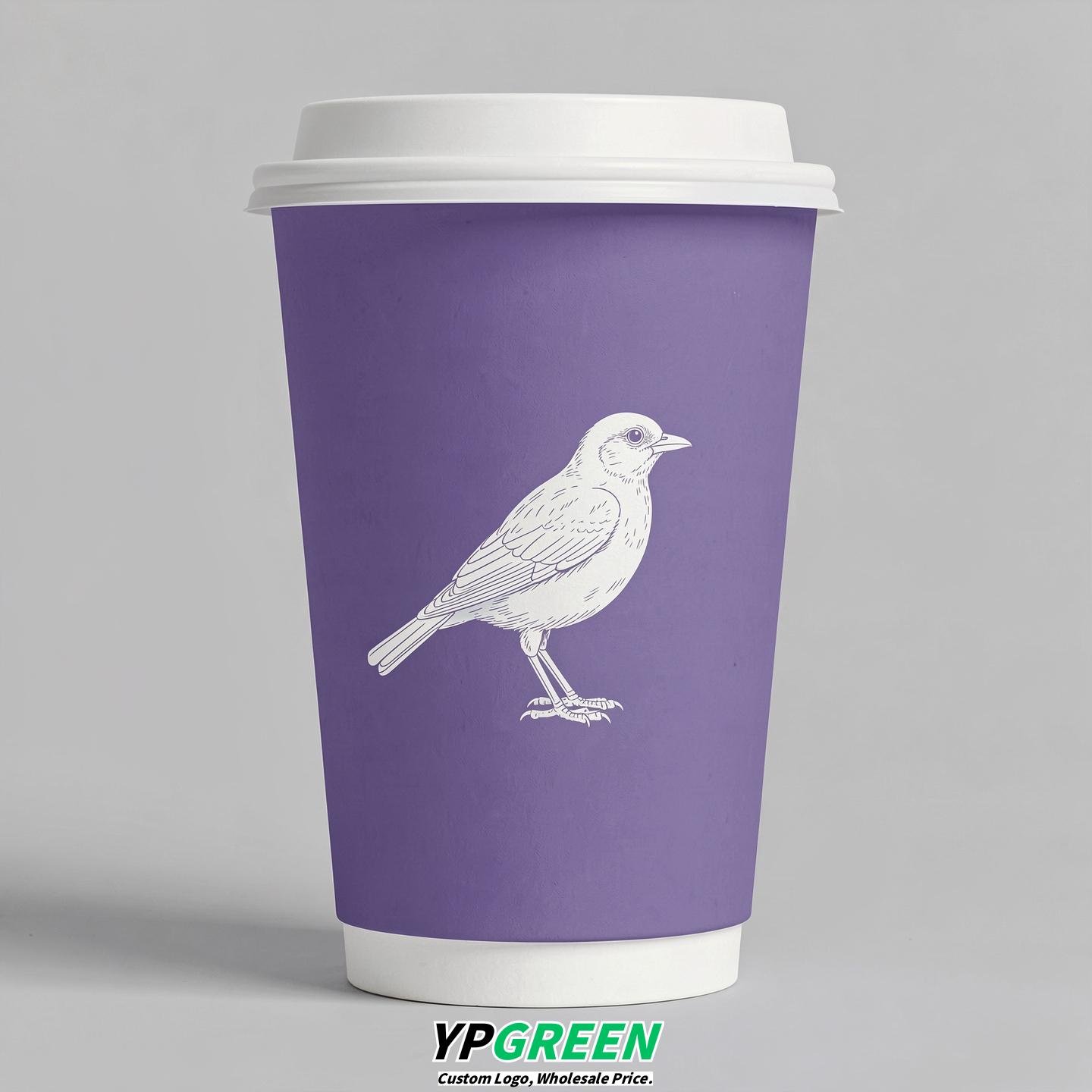 Periwinkle Paper Cups with Bird Logo & Lids 8-24oz