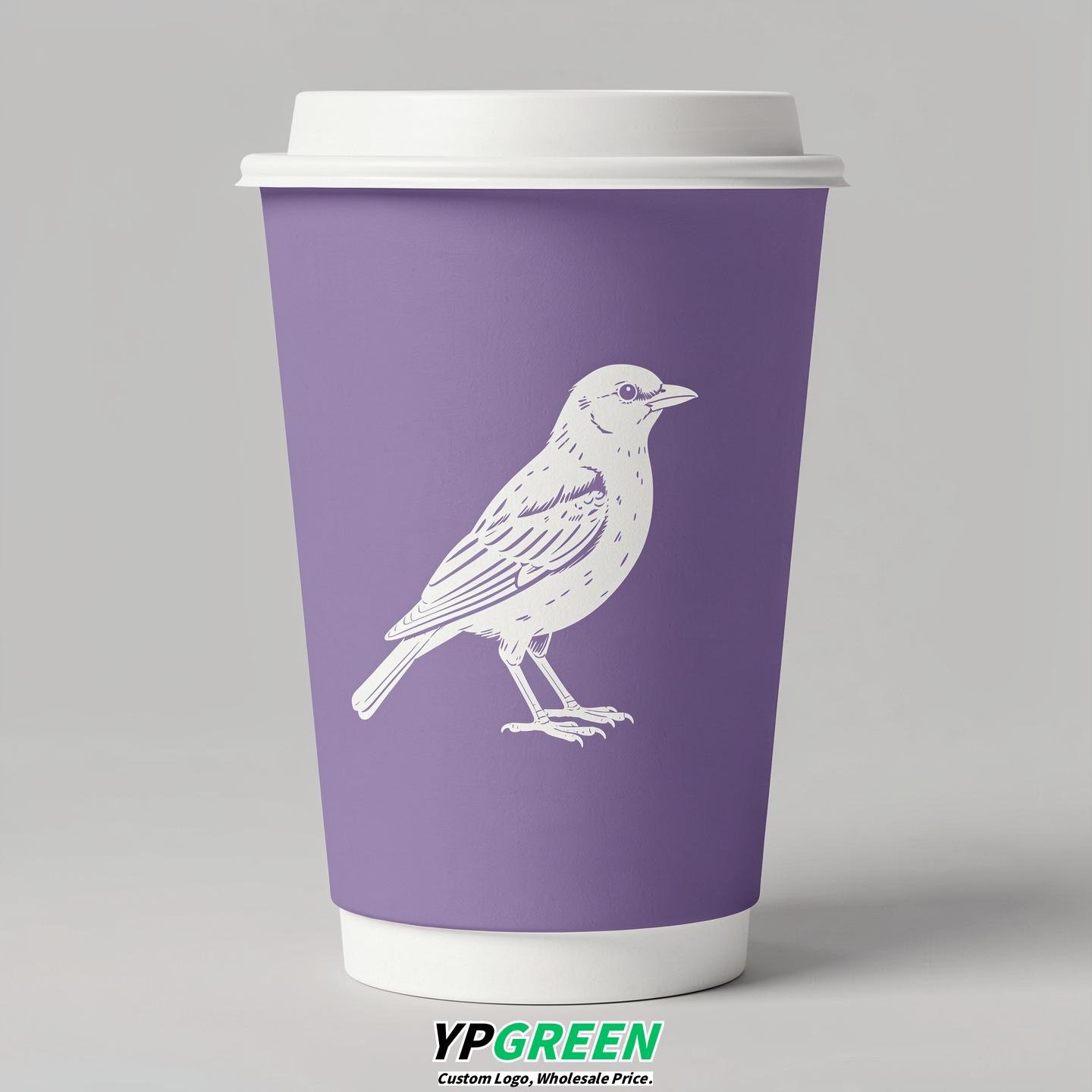 Periwinkle Paper Cups with Bird Logo & Lids 8-24oz