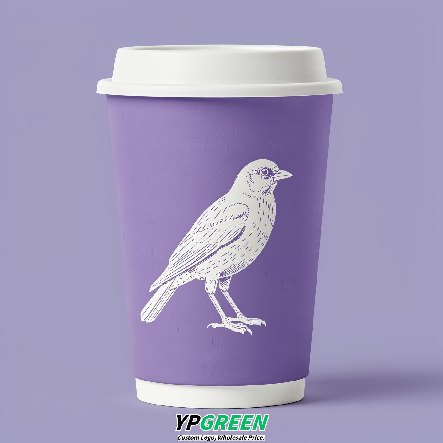 Periwinkle Paper Cups with Bird Logo & Lids 8-24oz