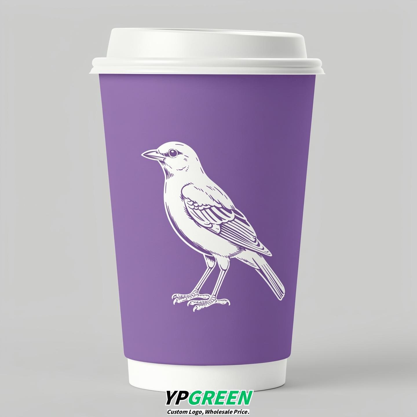 Periwinkle Paper Cups with Bird Logo & Lids 8-24oz
