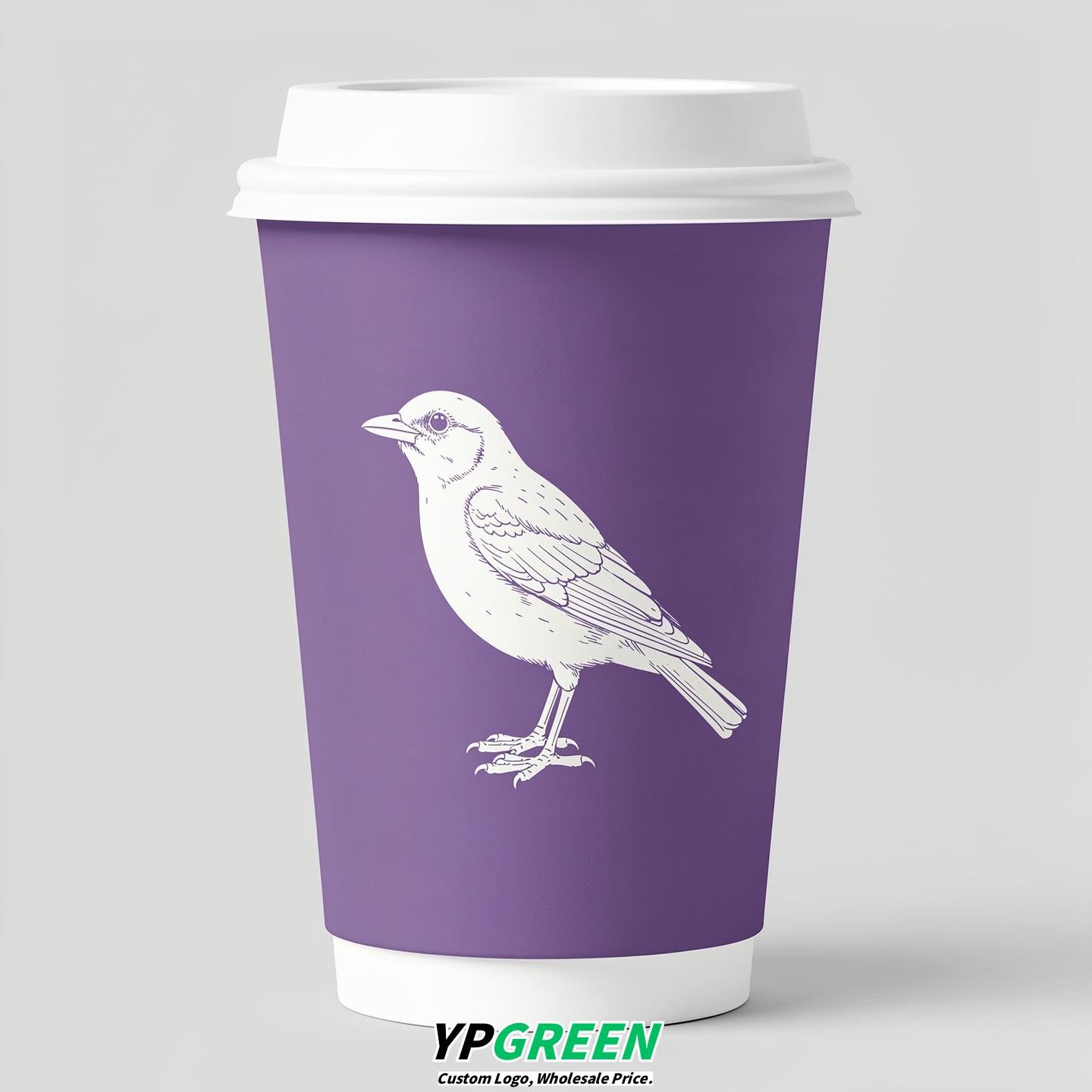 Periwinkle Paper Cups with Bird Logo & Lids 8-24oz