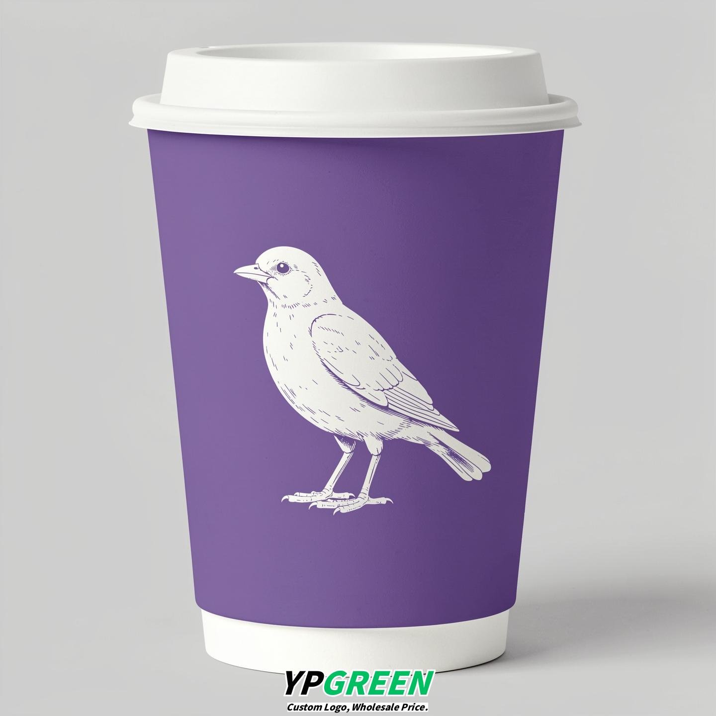 Periwinkle Paper Cups with Bird Logo & Lids 8-24oz