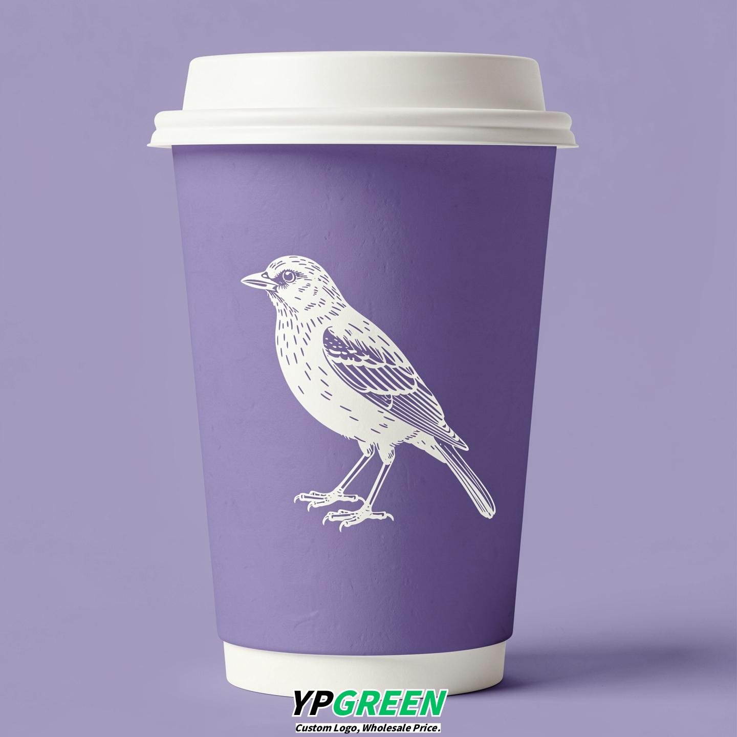 Periwinkle Paper Cups with Bird Logo & Lids 8-24oz