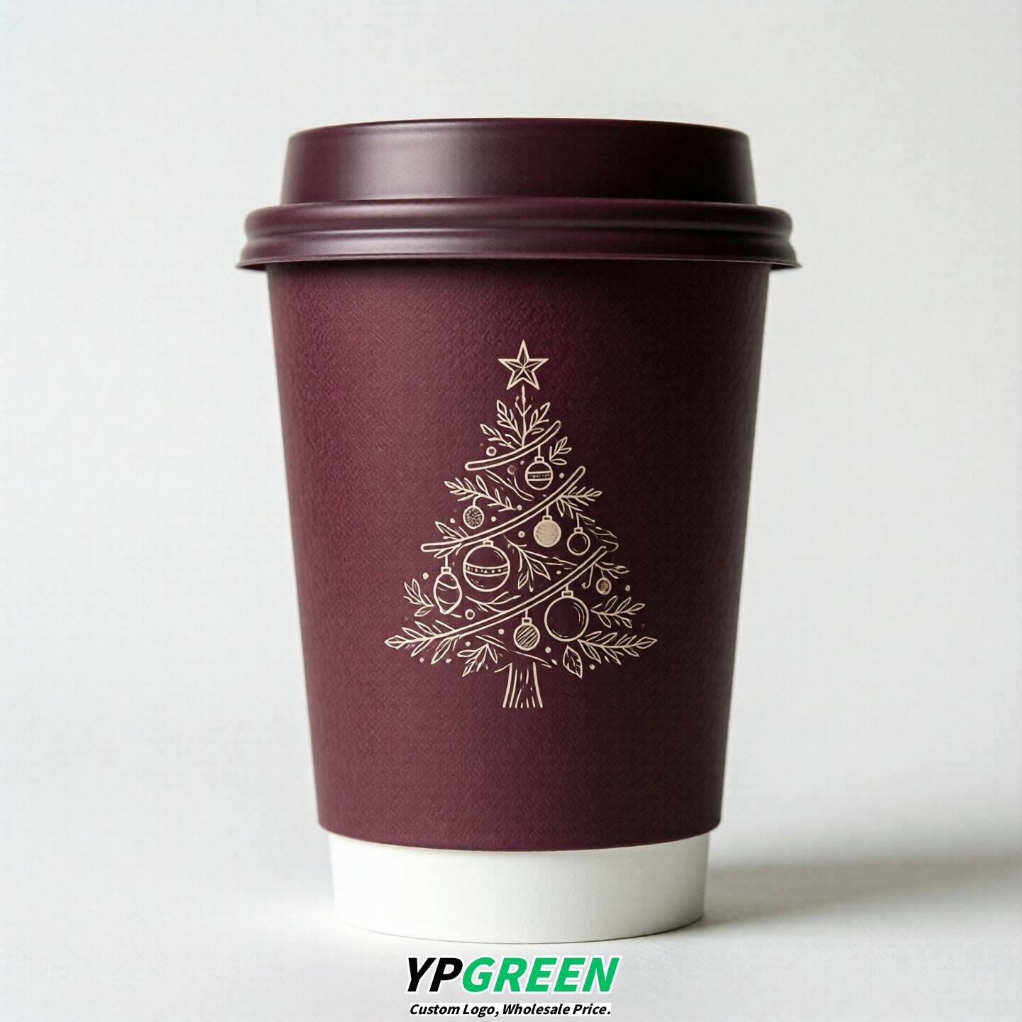 Plum Paper Cups with Christmas Design 8-24oz